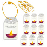 Happy diwali gift tag with purple diya and silver lace print on paper hanging tag with yellow braided string for gifts
