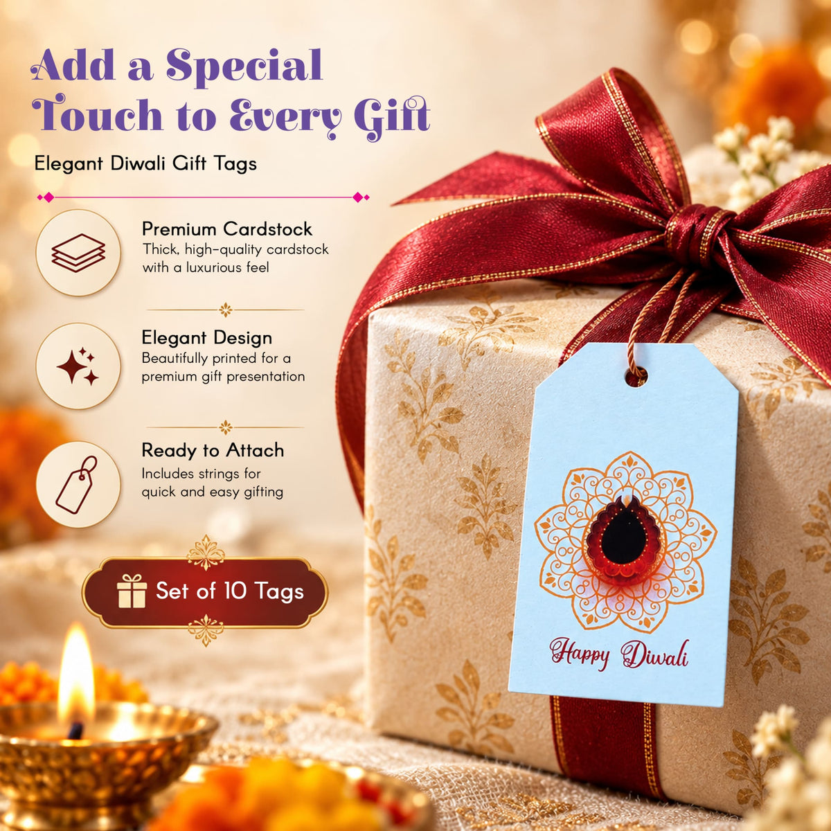 Light blue rectangular paper gift tag with gold embossed diwali lantern and happy diwali text attached to wrapped gift