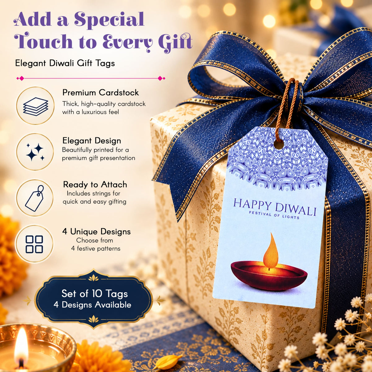 Elegant blue and white printed paper Diwali gift tag with diya design included in set of 10 with string for gifts