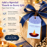 Elegant blue and white printed paper Diwali gift tag with diya design included in set of 10 with string for gifts