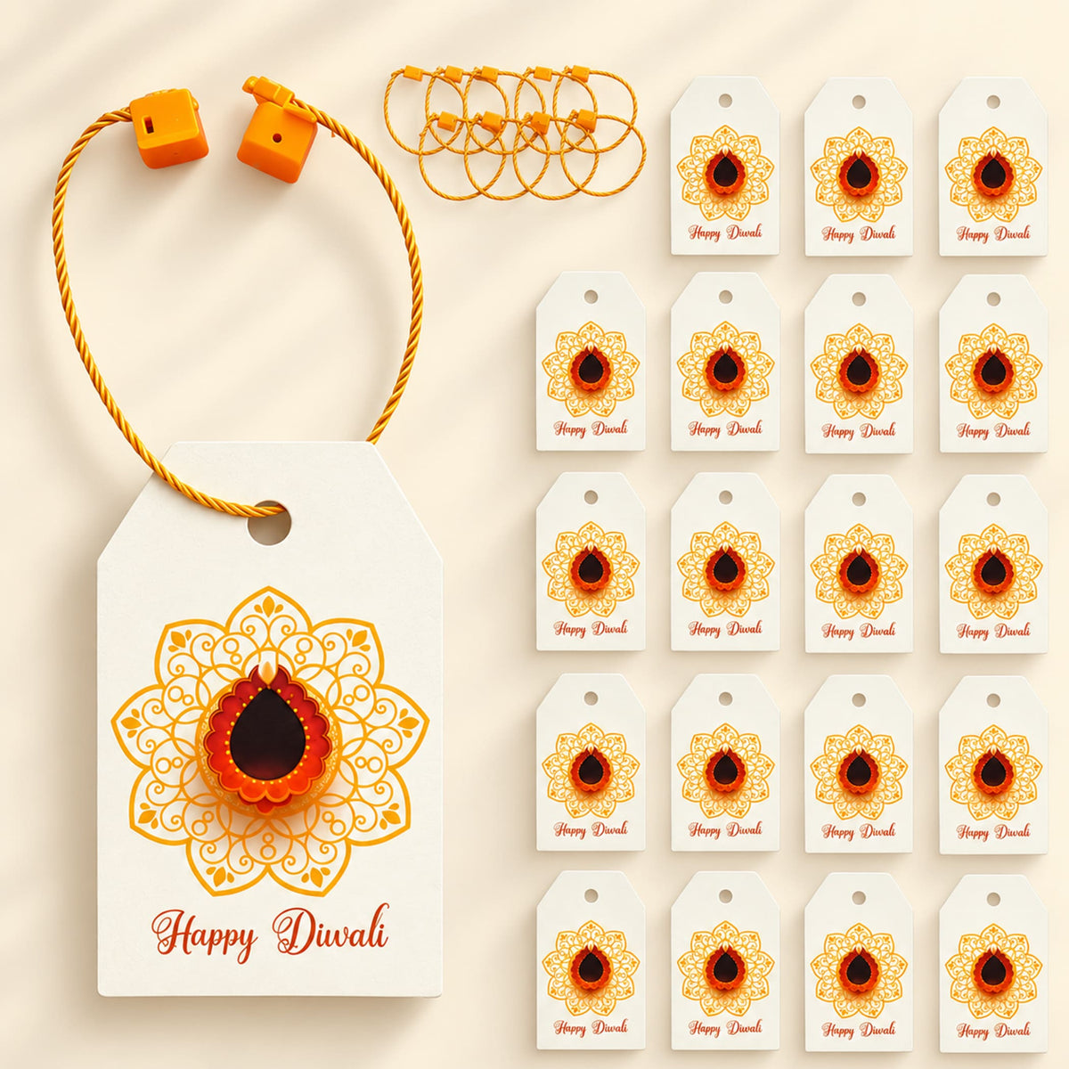 White paper happy Diwali gift tag with gold mandala design and orange diya motif for Diwali gifts and party favors