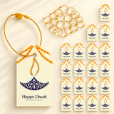 Cream-colored paper happy diwali gift tag with navy blue and gold lantern design and yellow braided string for diwali gifts