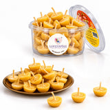 Golden-yellow half-moon beeswax candles with wooden wicks in clear lovespire michigan usa container for pooja diya rituals