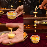 Yellow round wax-based diyas in a clear container with an orange label for pooja with pure cow ghee wicks