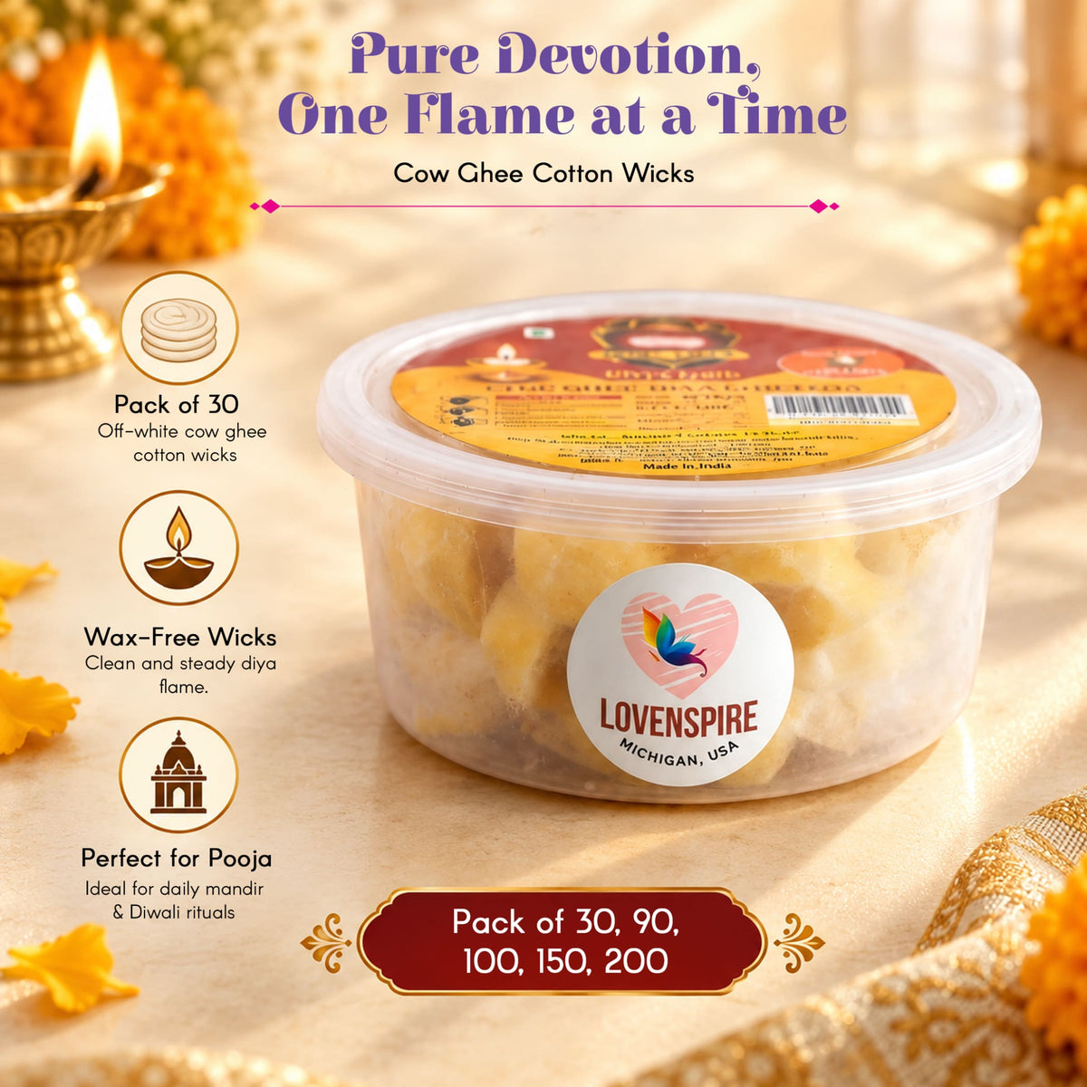 Off-white cotton wicks in a clear container with yellow red label by lovenspire Michigan for pooja diya burning