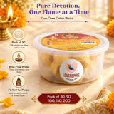 Off-white cotton wicks in a clear container with yellow red label by lovenspire Michigan for pooja diya burning