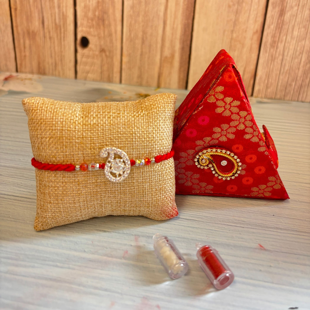 Designer Pure Silver Ganesha Rakhi for Brother – Traditional Bracelet Jewelry for Raksha Bandhan with Brocade Box & Roli Chawal, Symbolizing Good Luck & Protection
