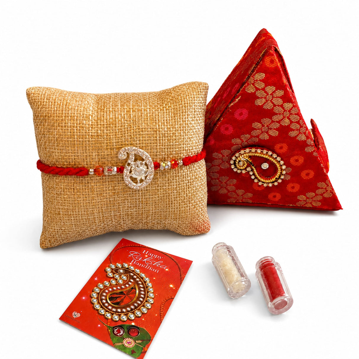 Designer Pure Silver Ganesha Rakhi for Brother – Traditional Bracelet Jewelry for Raksha Bandhan with Brocade Box & Roli Chawal, Symbolizing Good Luck & Protection