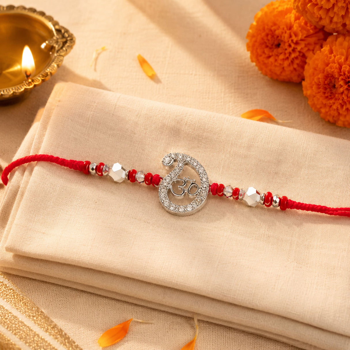 Designer pure silver om rakhi featuring a red braided string with silver beads and diamond-encrusted charm for brother