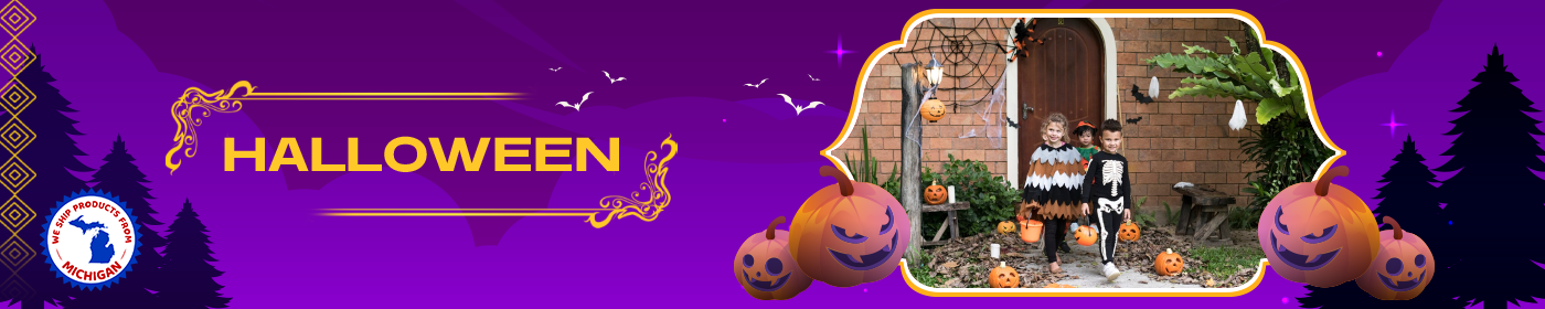 A purple Halloween-themed banner with decorative pumpkins and a photo frame showing a decorated porch scene.