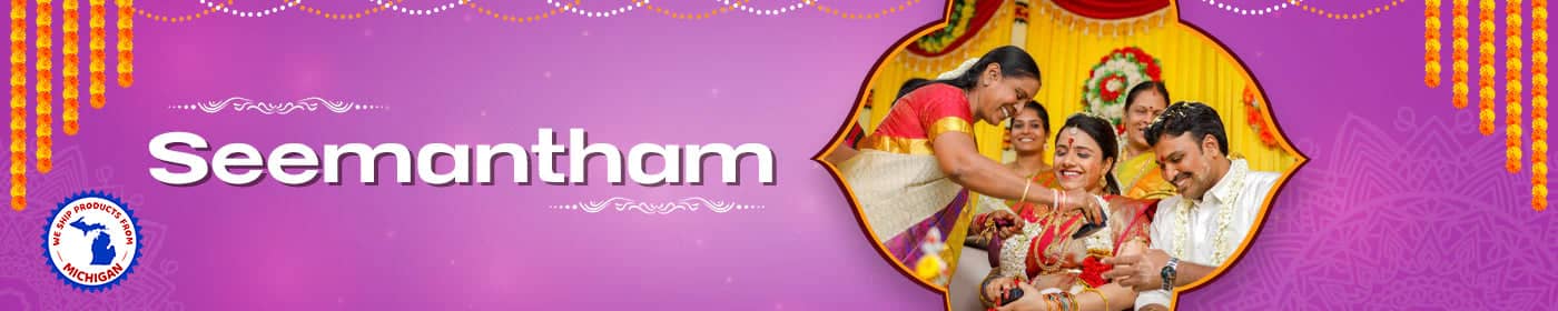 Purple and orange banner with text ’Seemantham’ and a circular family photo illustration.