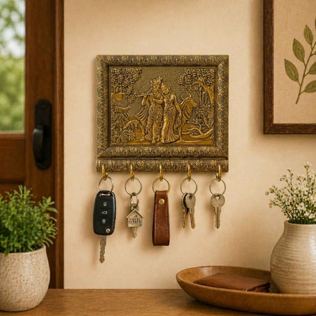 Golden framed hand crafted radha krishna key holder with relief and five hooks for home entryway organization