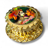 Golden Radha Krishna plate with heart patterns, haldi kumkum holder