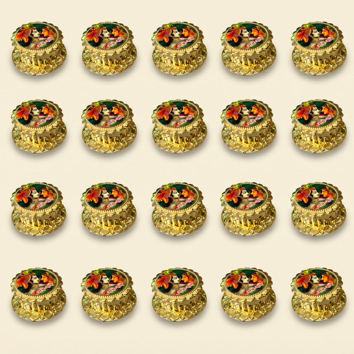 Golden ornate circular radha krishna haldi kumkum holder with vibrant red orange floral designs for pooja and weddings