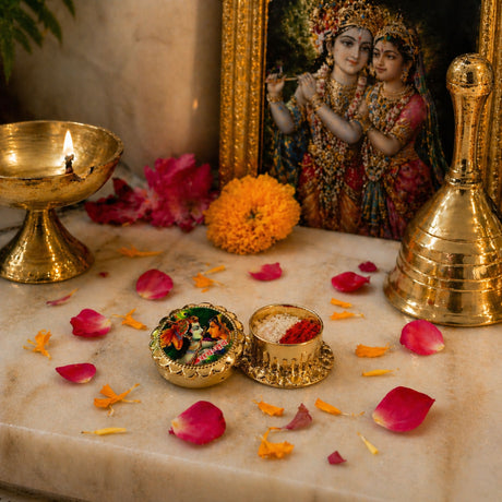 Gold-colored ornate radha krishna haldi kumkum holder with intricate lid and two compartments for white and red powder