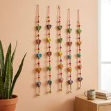 Five colorful hand-painted Rajasthani heart wind chimes with bells, 33 inches