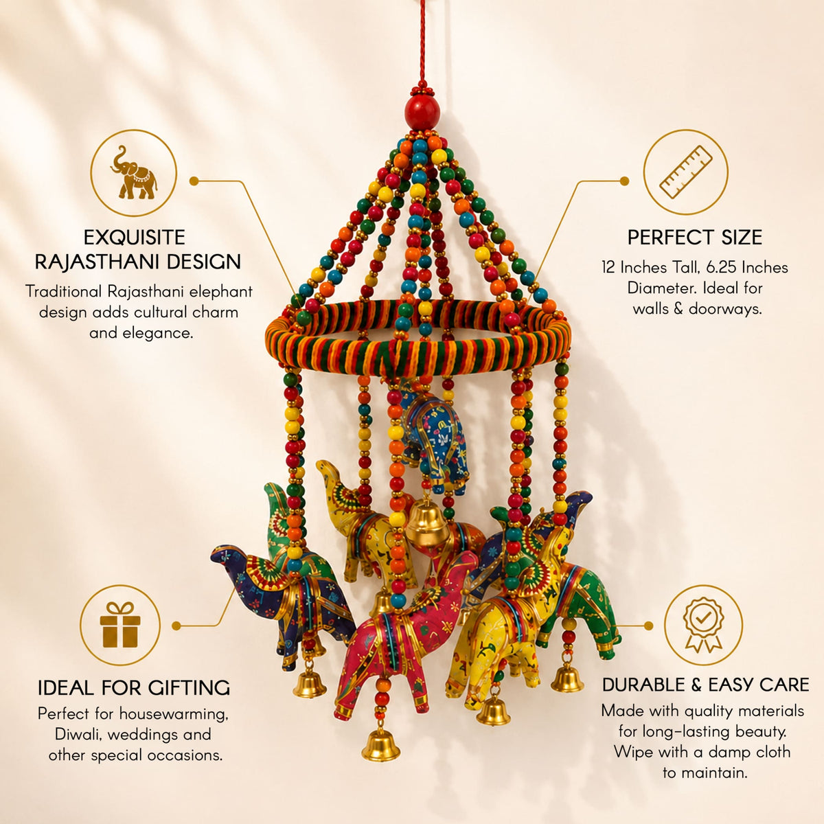 Colorful beaded rajasthani ring elephant wall hanging with hand-painted figures and golden bells for home decor