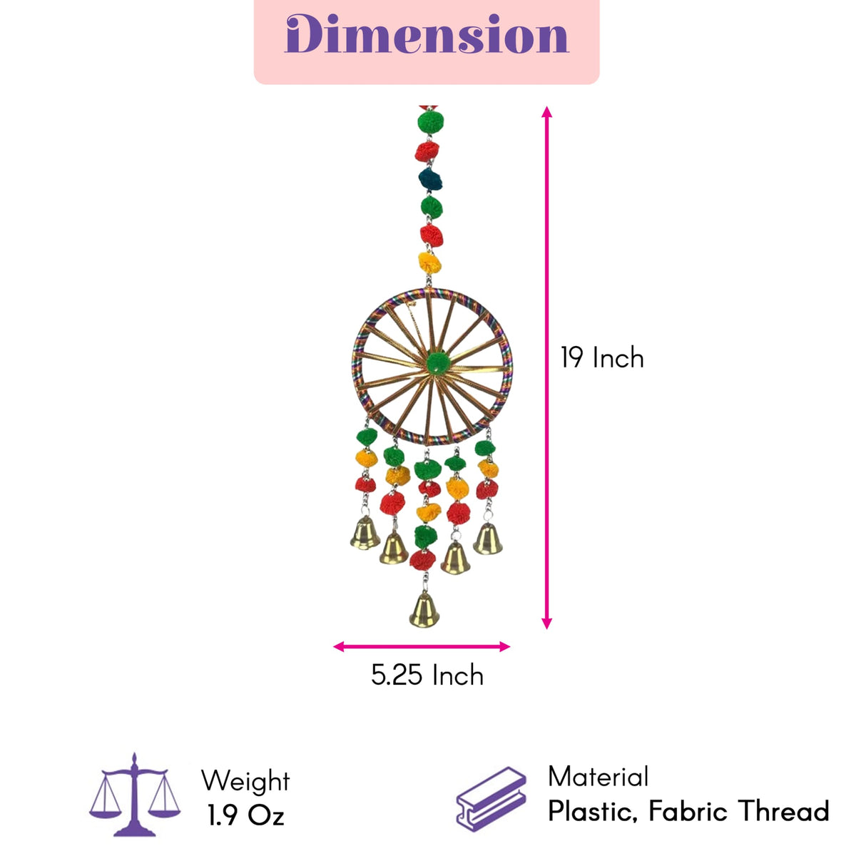 A colorful 19-inch rajasthani ring wall hanging with wooden wheel, multicolored fabric, and gold red bells wind chime