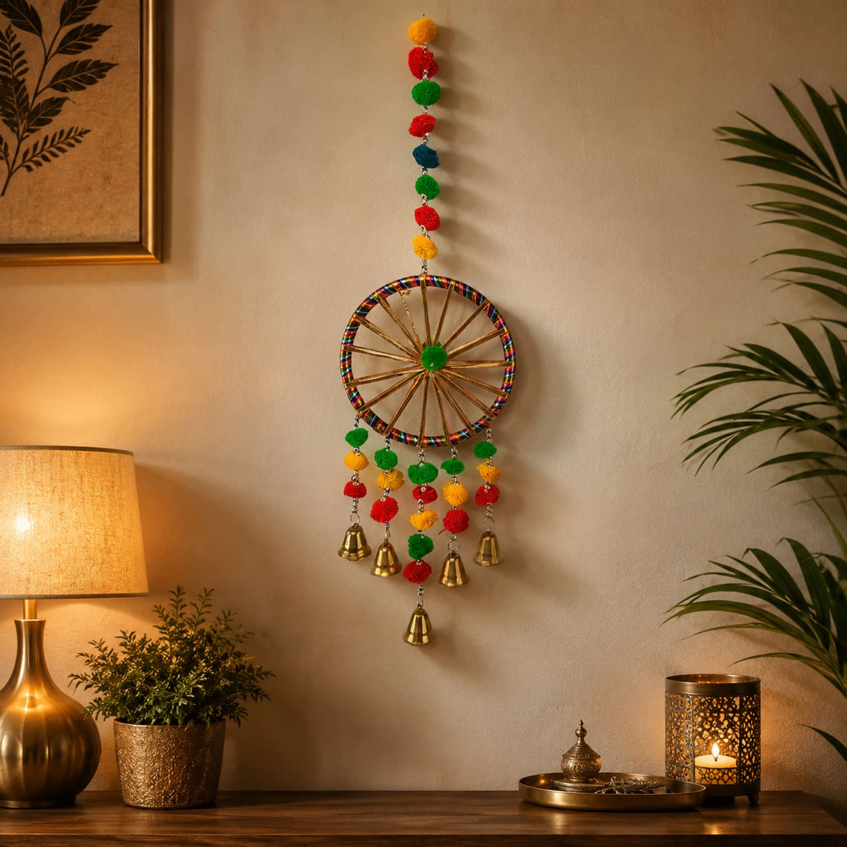 Ring wall hanging with multicolored woven trim wooden frame pompom tassels brass bells decorative Diwali gift decor