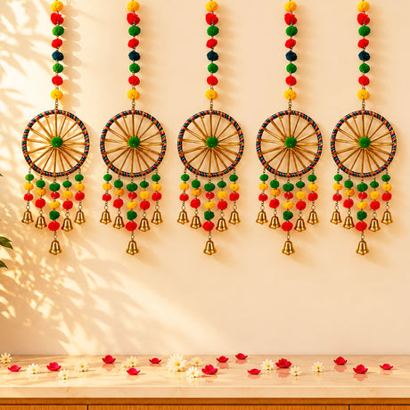 Ring wall hanging with colorful pom-poms and bells on woven circular frames handcrafted for home and office decor