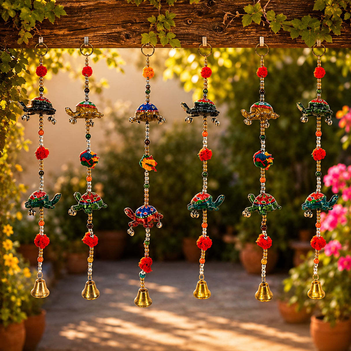 Colorful hand-painted rajasthani turtle wind chimes with red pom-poms metallic beads and golden bells for home decor