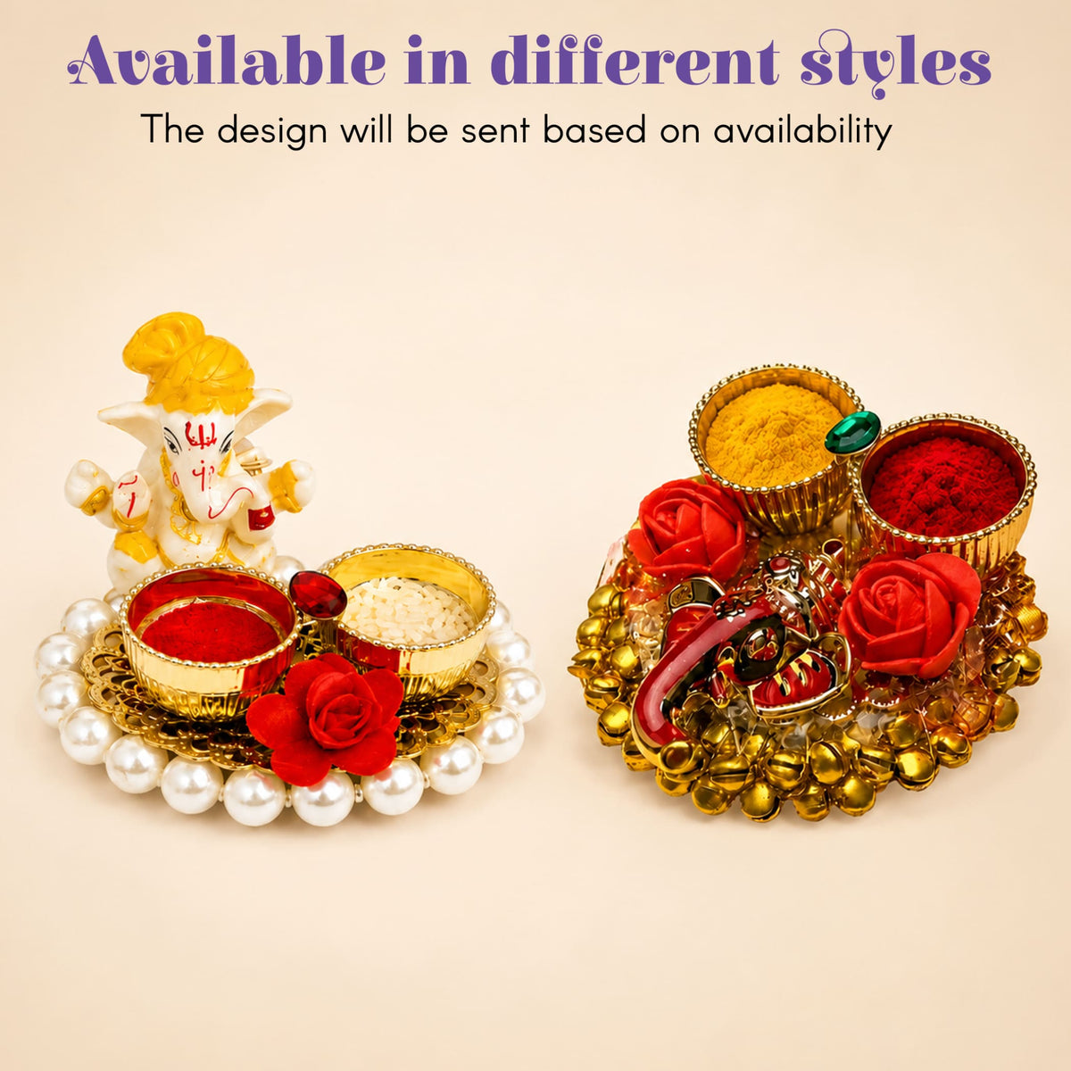 Gold-plated decorative tray with red and white rice bowls pearl accents and artificial roses in raksha bandhan premium gift hamper