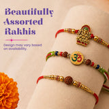 Gold-plated rakhi with red thread and intricate beadwork featuring ganesha charm in premium raksha bandhan gift hamper