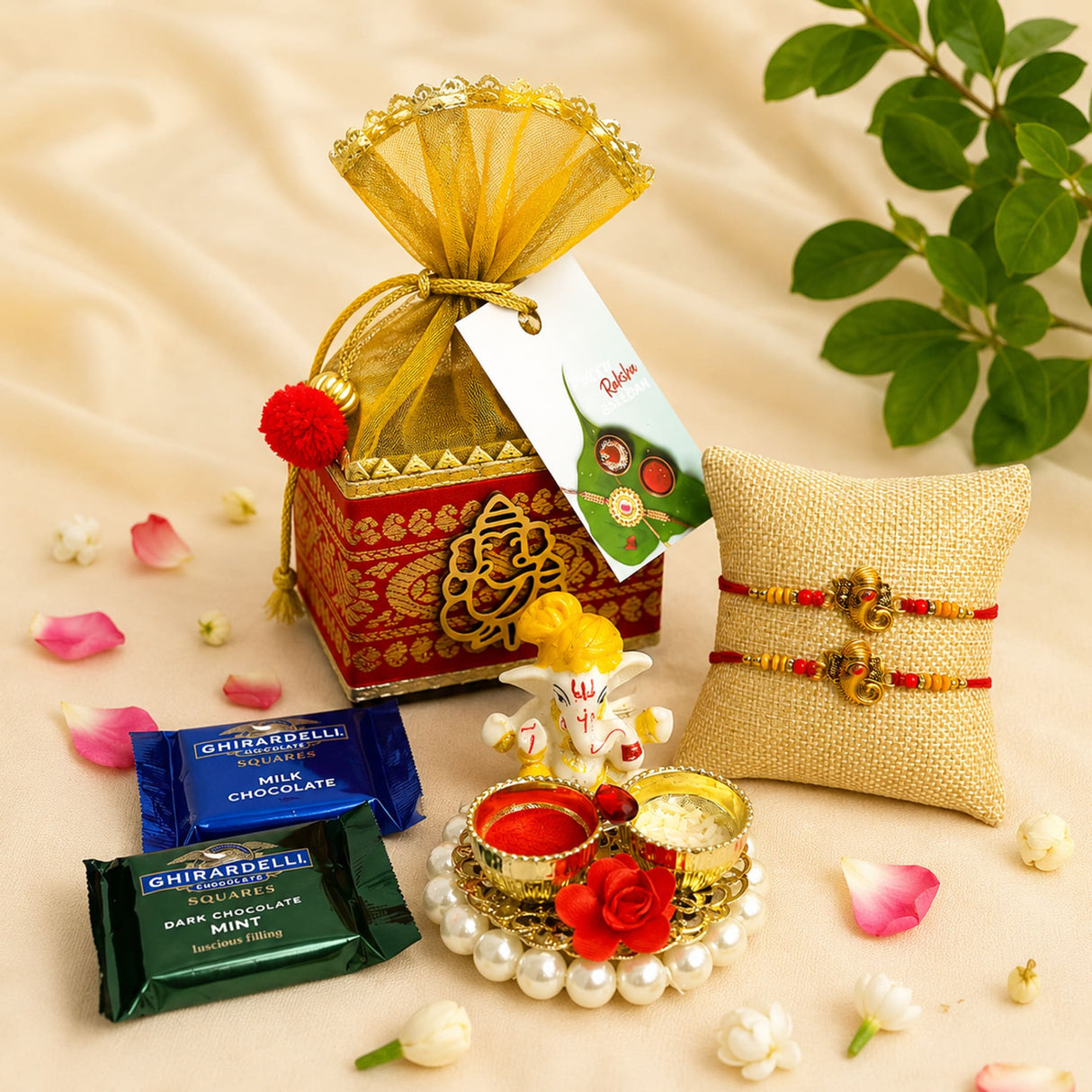 Gold-colored decorative box with red and gold patterned sides tied with a golden drawstring and red pom-pom in rakhi gift hamper