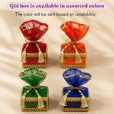 Elegant raksha bandhan premium gift hamper with red orange green blue square boxes and gold-trimmed organza bows