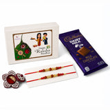 Rakhi gift hamper set with purple cadbury dairy milk chocolate bar wrapped in gold foil and milk chocolate piece illustration