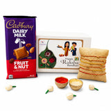 Purple and red cadbury dairy milk fruit and nut chocolate bar with almonds in rakhi gift hamper for brother and bhabhi