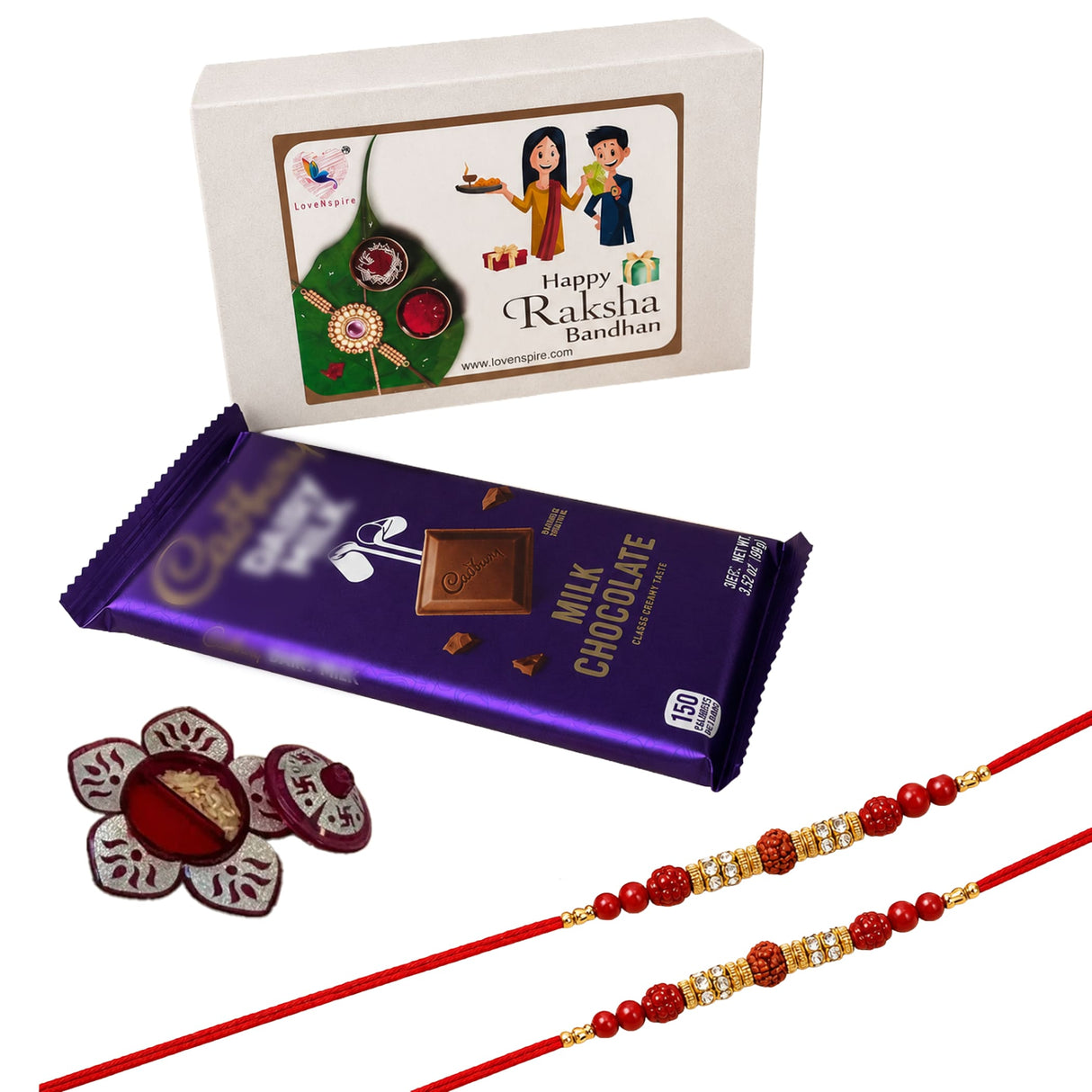 Purple Cadbury milk chocolate bar with gold foil and visible chocolate square in Rakhi gift hamper set for brother and bhabhi