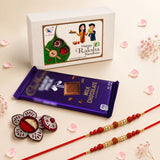 A purple cadbury milk chocolate bar with gold foil wrapper in a rakhi gift hamper set for brother and bhabhi