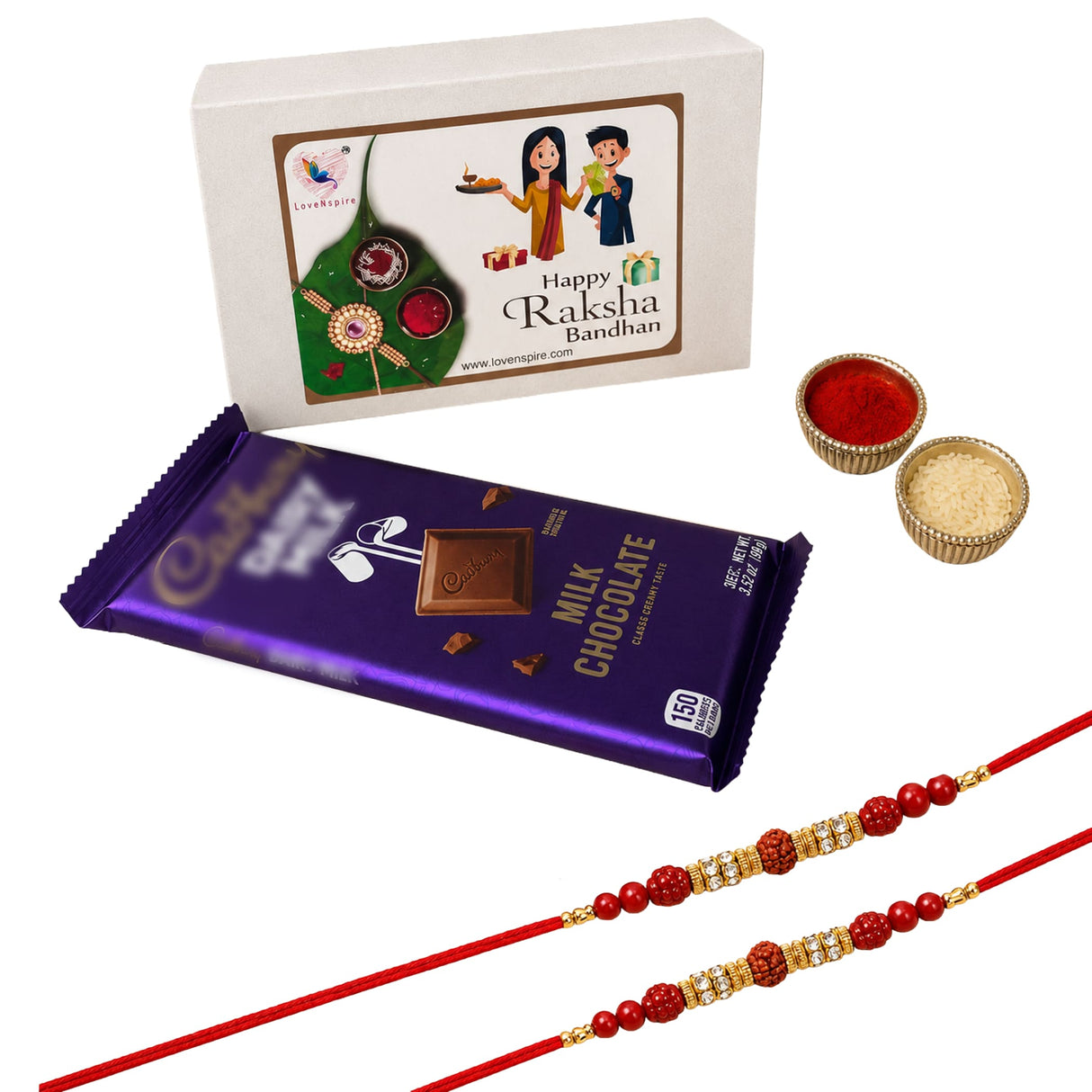 Purple cadbury milk chocolate bar with gold foil and visible square in rakhi gift hamper set for brother and bhabhi
