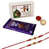 Purple cadbury milk chocolate bar with gold foil and visible square in rakhi gift hamper set for brother and bhabhi
