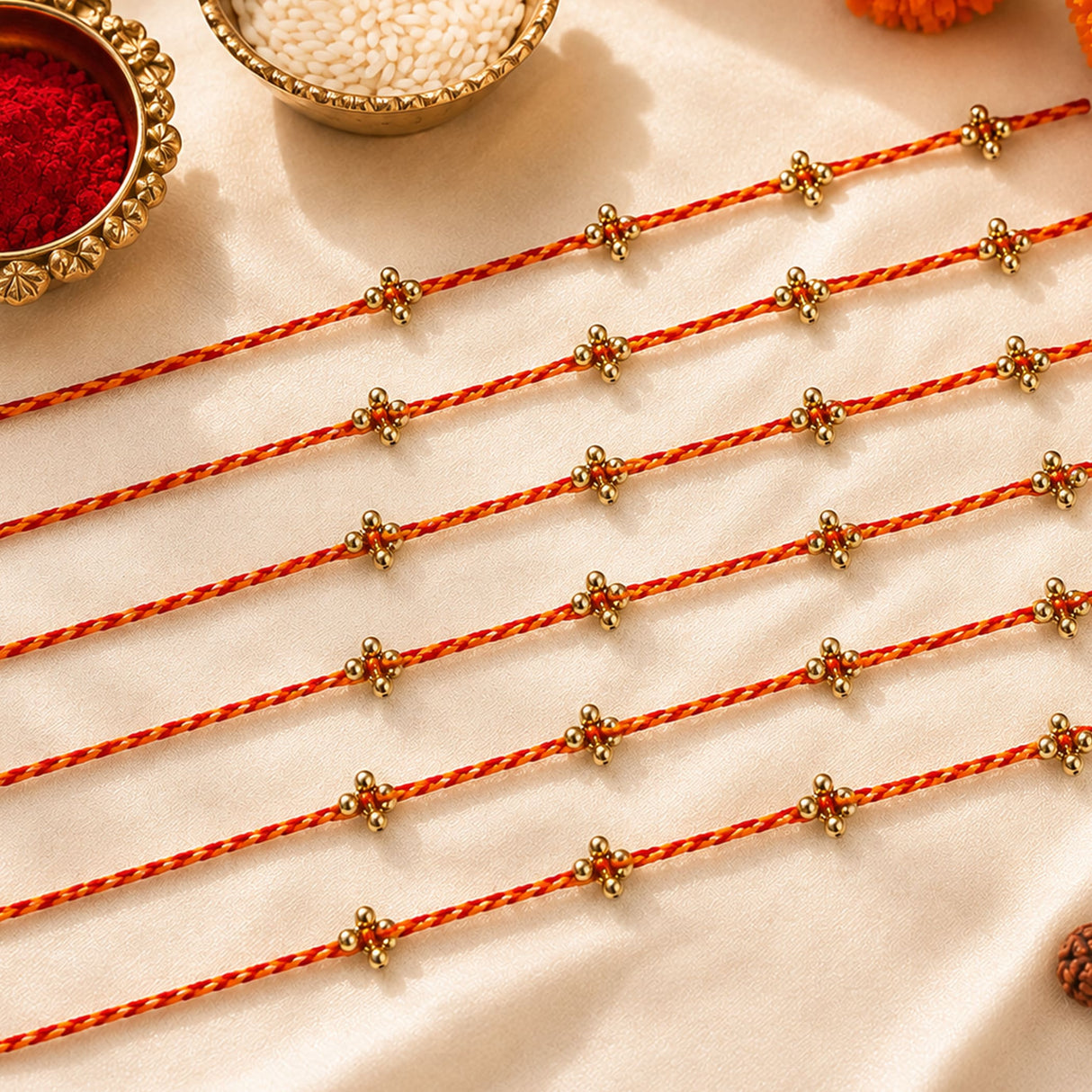 Red and gold twisted thread rakhi with small golden beads included in rakhi gift hamper for brother and bhabhi