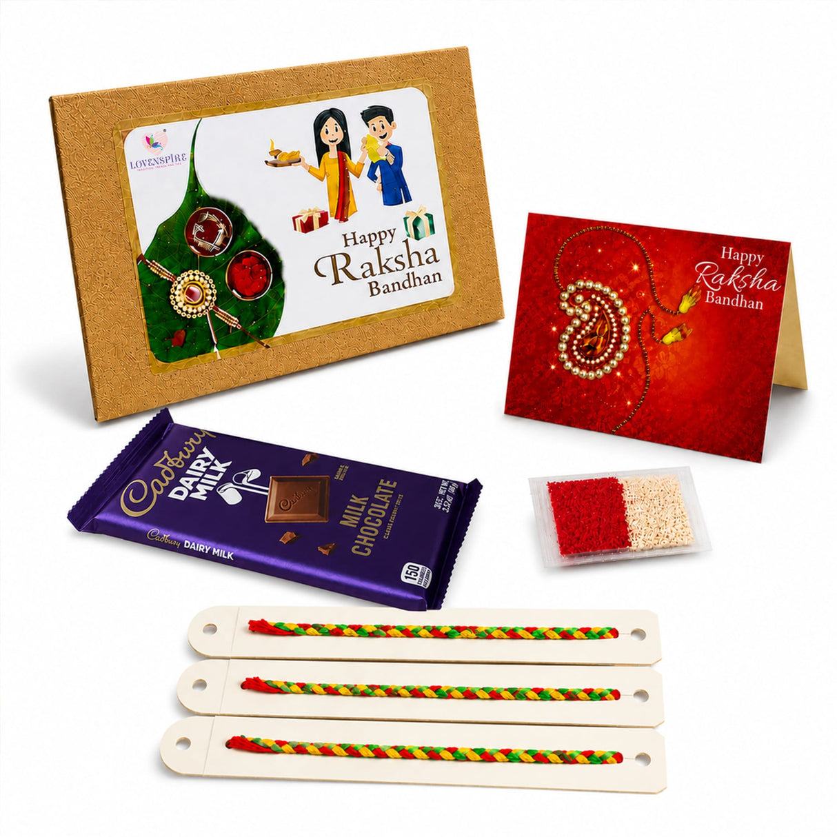 A purple Cadbury Dairy Milk chocolate bar with gold foil in a Rakhi gift hamper set for brother and bhabhi