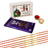 Purple cadbury dairy milk chocolate bar with gold foil and milk chocolate square in rakhi gift hamper set for brother and bhabhi