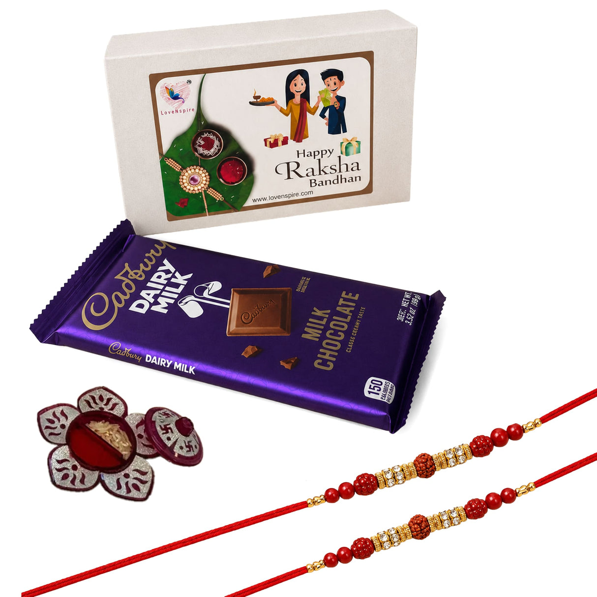Rakhi gift hamper set featuring purple cadbury dairy milk chocolate bar with gold lettering and a visible milk chocolate square