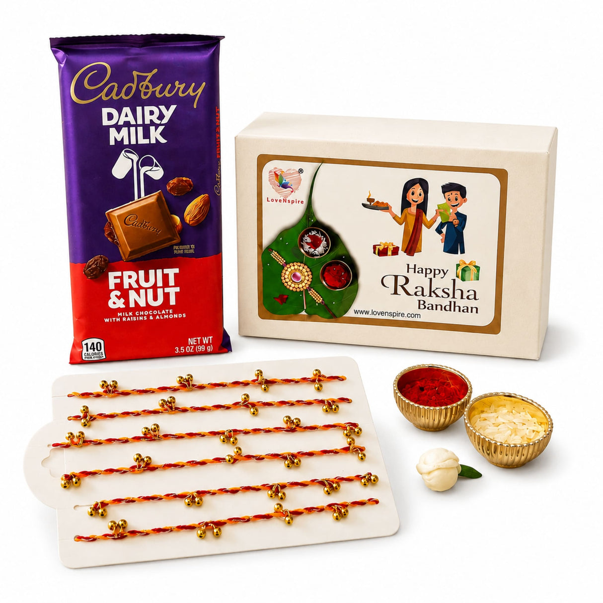 Purple and red cadbury dairy milk fruit and nut chocolate bar with golden foil packaging in rakhi gift hamper for brother and bhabhi