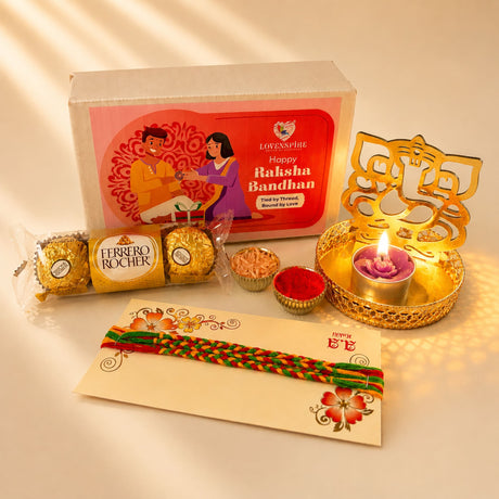 A colorful red and green designer handmade rakhi with intricate braids on a decorative card for Raksha Bandhan gift hamper