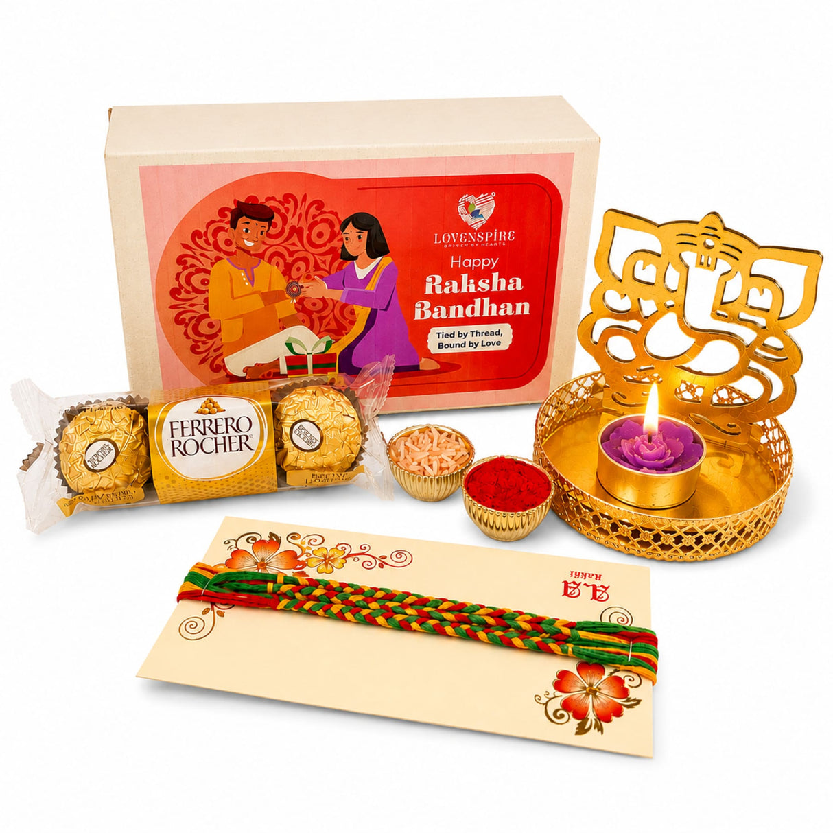 Gold-colored ornate ganesha candle holder with lit purple wax candle in rakhi gift hamper for brother and bhabhi