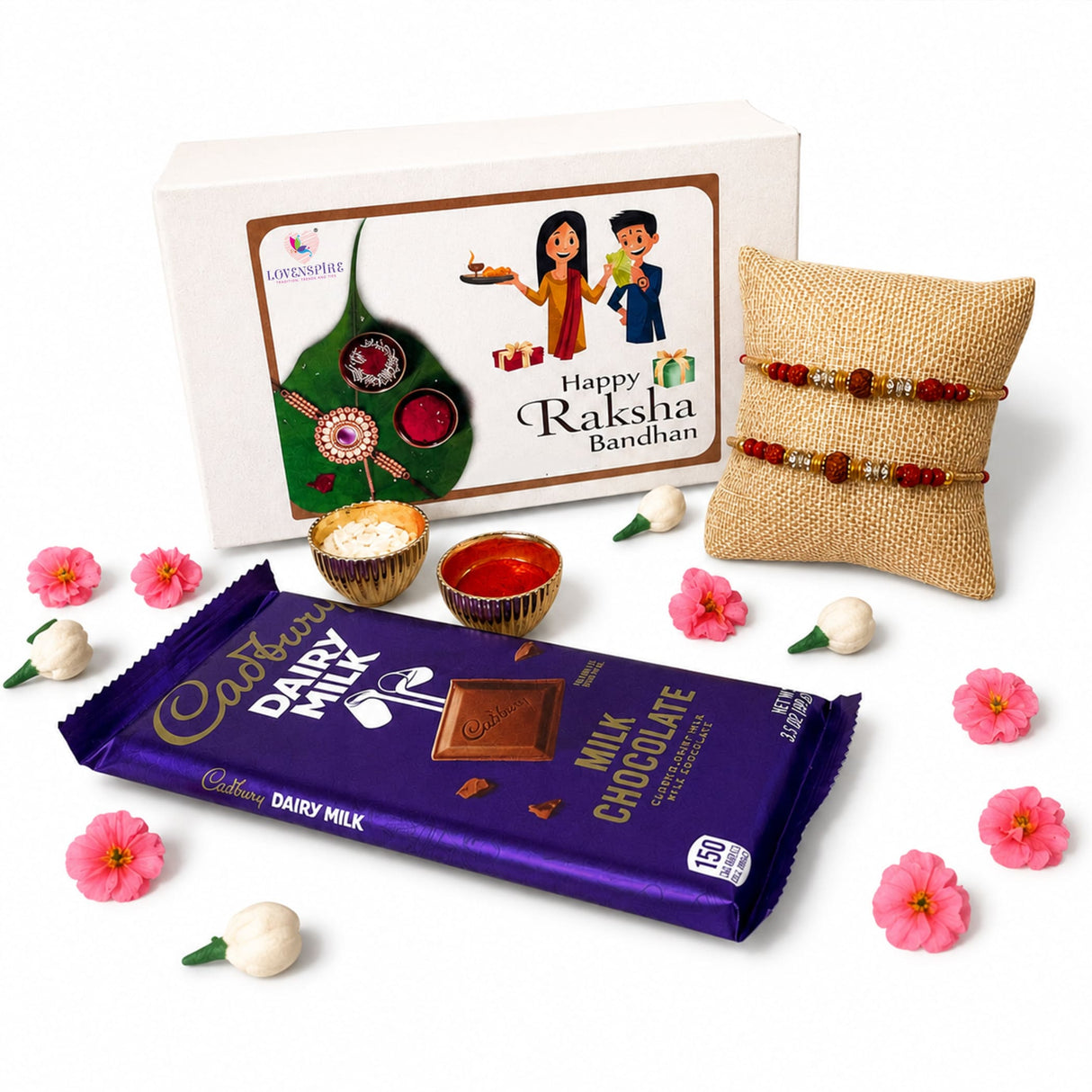 Purple cadbury dairy milk chocolate bar with gold foil lettering in rakhi gift hamper for brother and bhabhi