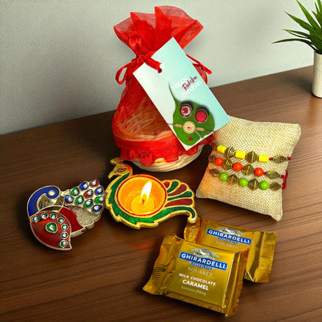 Rakhi Gift Hamper Rakhi for Brother with Gift Set - Rakhi with Roli Chawal Greeting Card Haldi Kumkum Holder Wooden Gift Basket - Raksha Bandhan Bracelet Rakhi for Bhai - LoveNspire