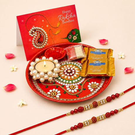 Raksha bandhan gift hamper set pooja thali red decorative plate with intricate white green and gold beadwork and floral patterns