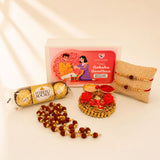 Raksha bandhan gift hamper with gold and red handmade rakhis chocolates haldi kumkum holder and roli chawal set