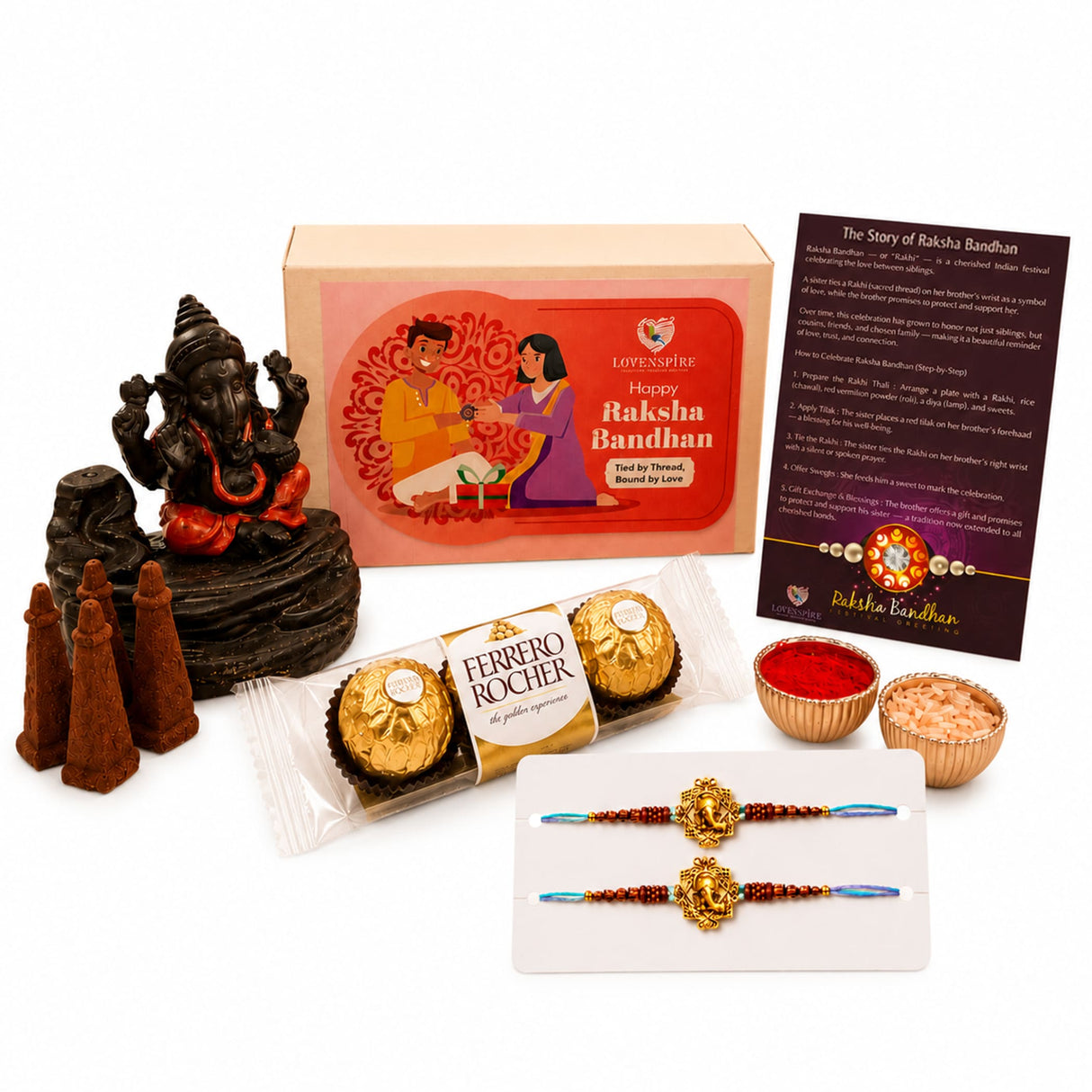Raksha Bandhan Gift Hamper for Brother & Bhabhi - Includes Adjustable Rakhi Bracelet Set, Ganesha Dhoop Burner, Roli Chawal & Chocolate