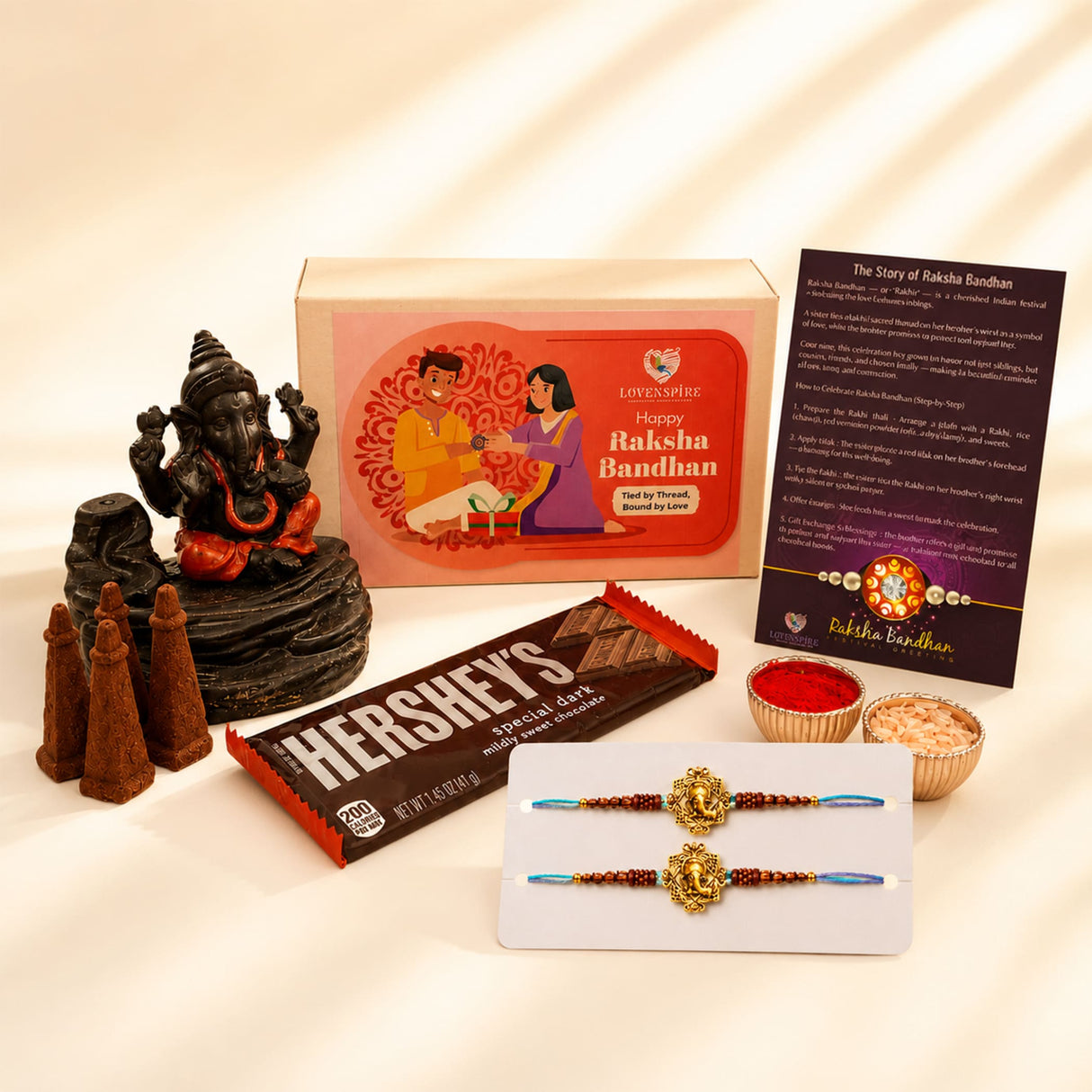 Raksha Bandhan Gift Hamper for Brother & Bhabhi - Includes Adjustable Rakhi Bracelet Set, Ganesha Dhoop Burner, Roli Chawal & Chocolate