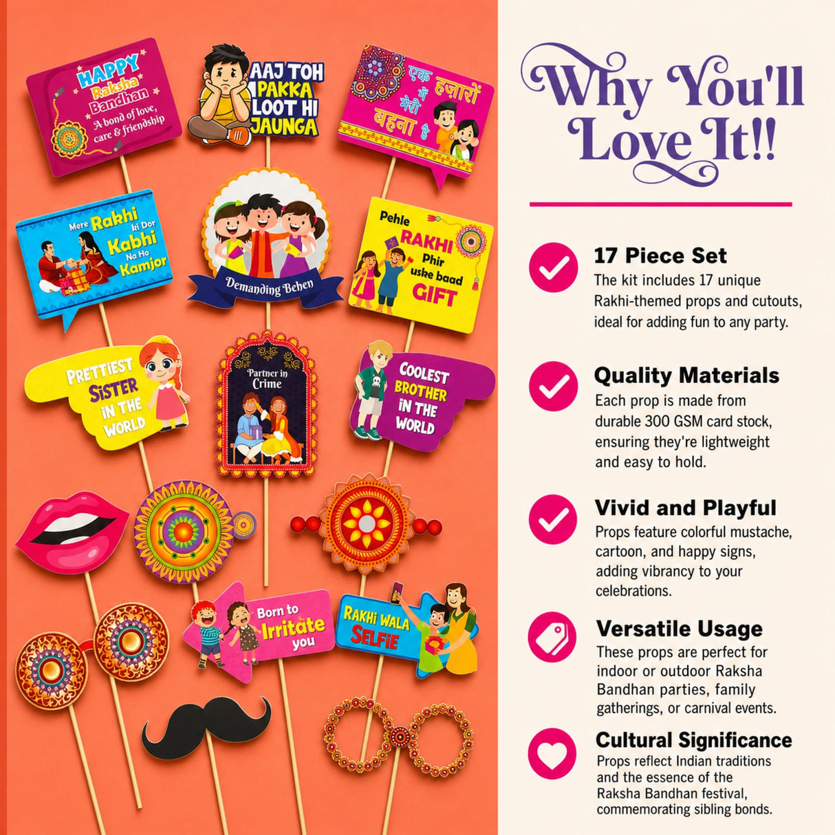 A set of 17 colorful cartoon-themed rakhi party photo booth props made from durable 300 gsm card stock for indoor and outdoor use