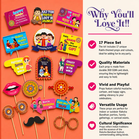 A set of 17 colorful cartoon-themed rakhi party photo booth props made from durable 300 gsm card stock for indoor and outdoor use